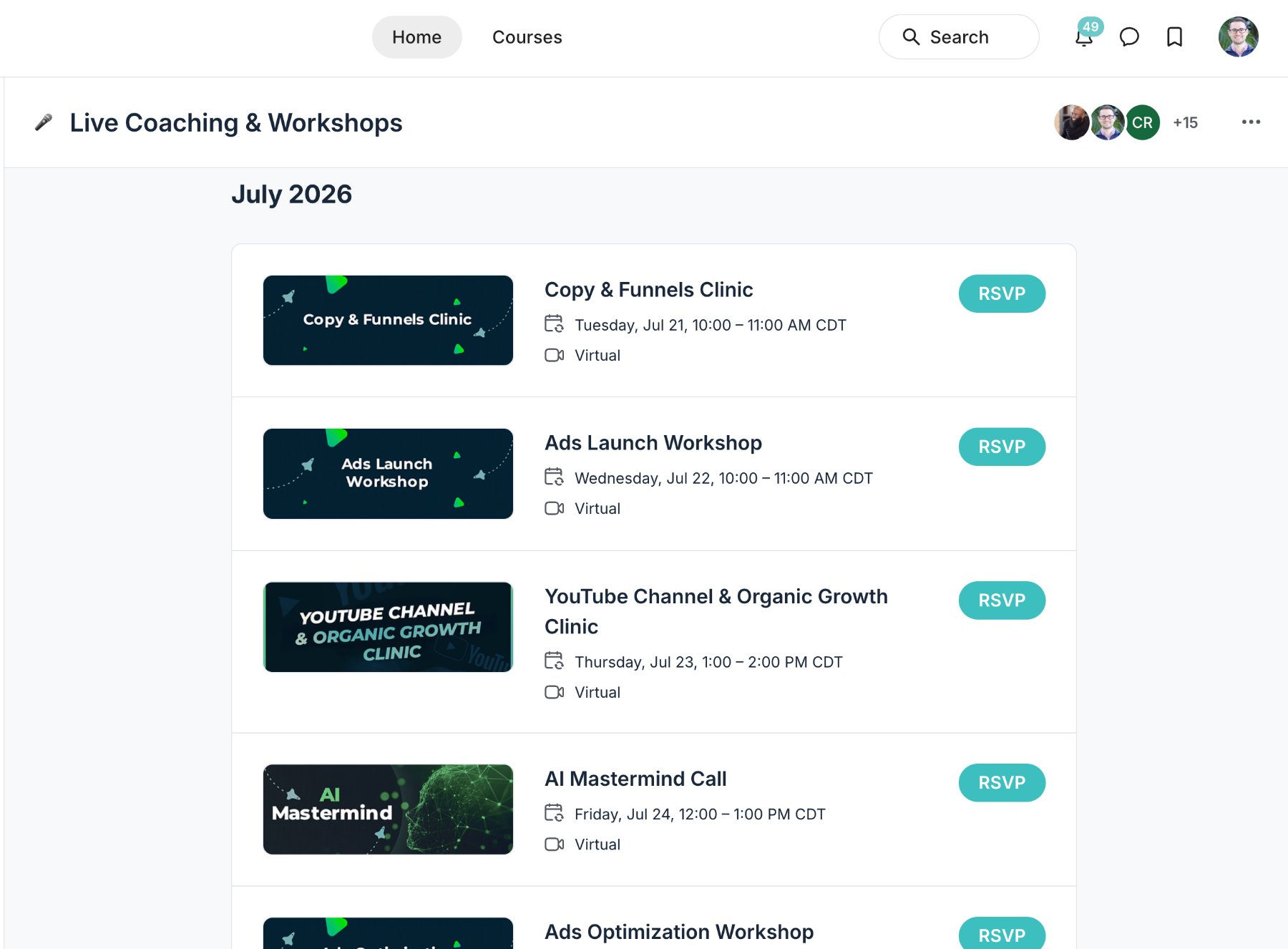 The live clinic calendar with one-tap RSVP