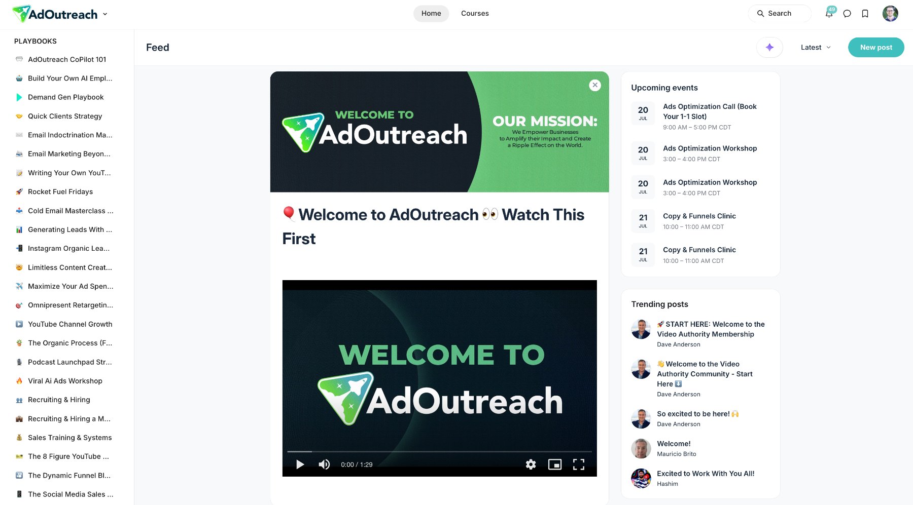 The member home feed with community posts and upcoming events